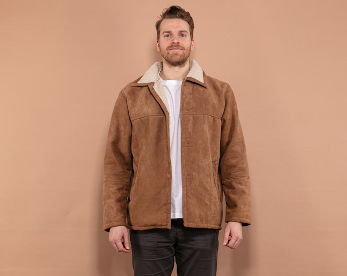 Faux Sheepskin Jacket, Men size L Winter Jacket, Western Cowboy Outerwear, Faux Shearling Jacket, Retro Jacket, Brown Sherpa Jacket 90's