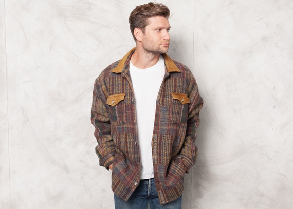 Men's Wool Jacket Vintage 80s Patchwork Print Wint