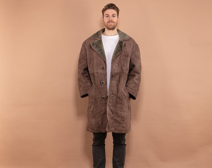 Men Sheepskin Coat 70's, Size XL, Heavy Shearling Coat, Vintage Winter Clothing, Pale Brown Suede Overcoat, Oversized Men Clothes, Outerwear