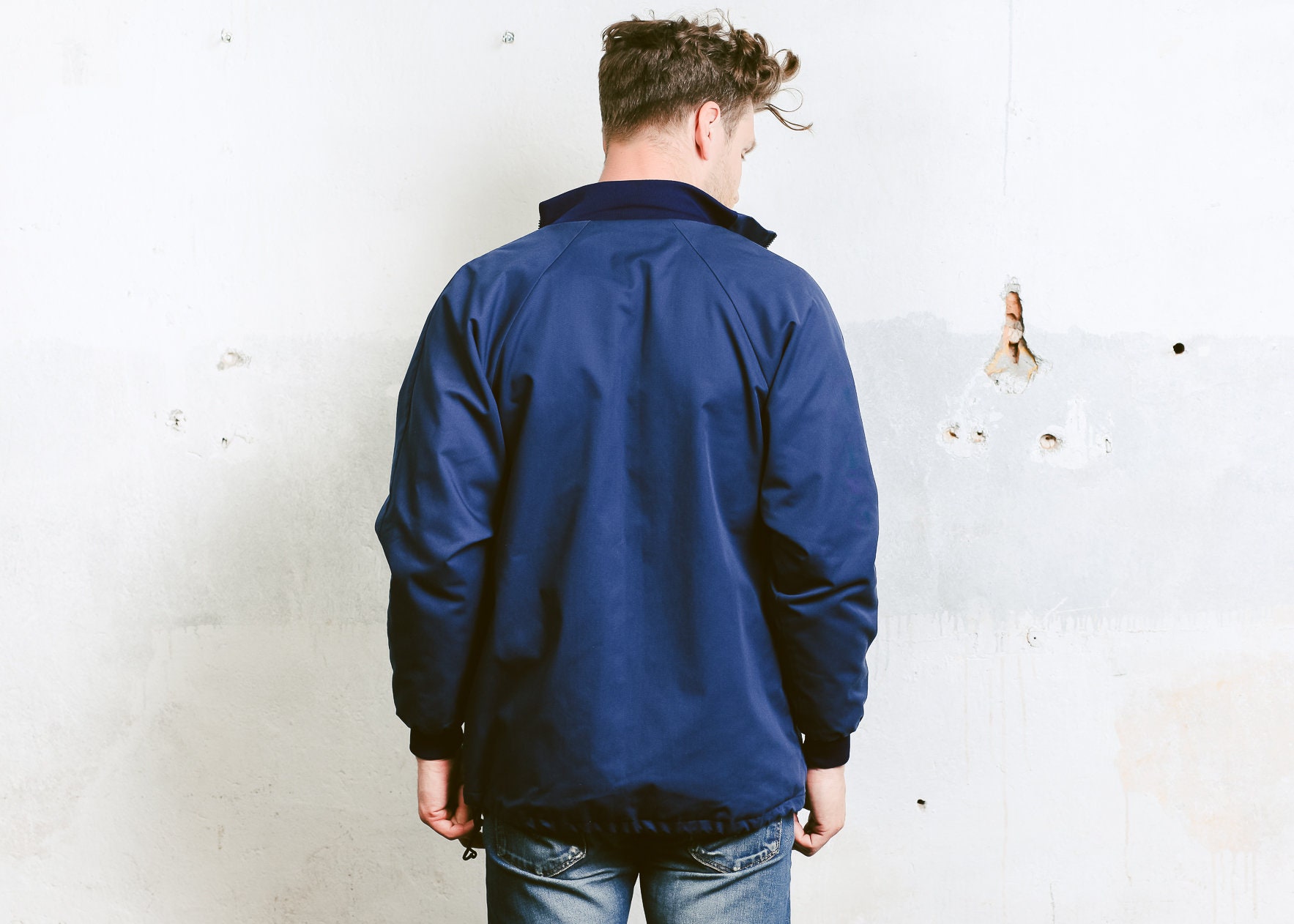 Navy Blue Spring Jacket . Vintage Zip Up Jacket 80s Navy Blue Bomber ...