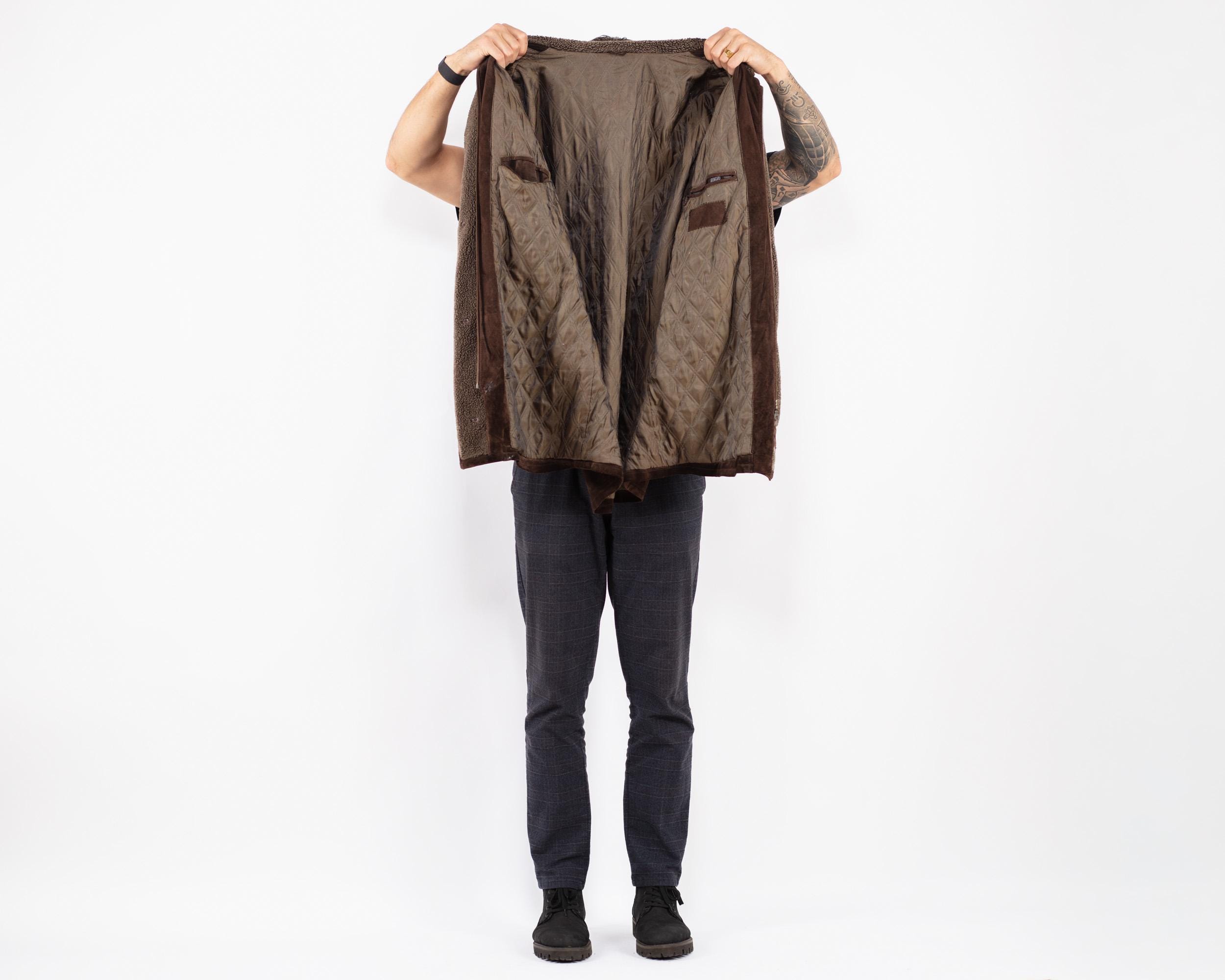 90s Men Brown Suede Sherpa Coat , Size XL Vintage Suede Jacket