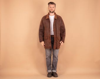 Men's Brown Sheepskin Coat, Size Large L, Men Vintage Shearling Coat, Western Coat, Vintage 80s Outerwear, Retro Leather Coat, BetaMenswear