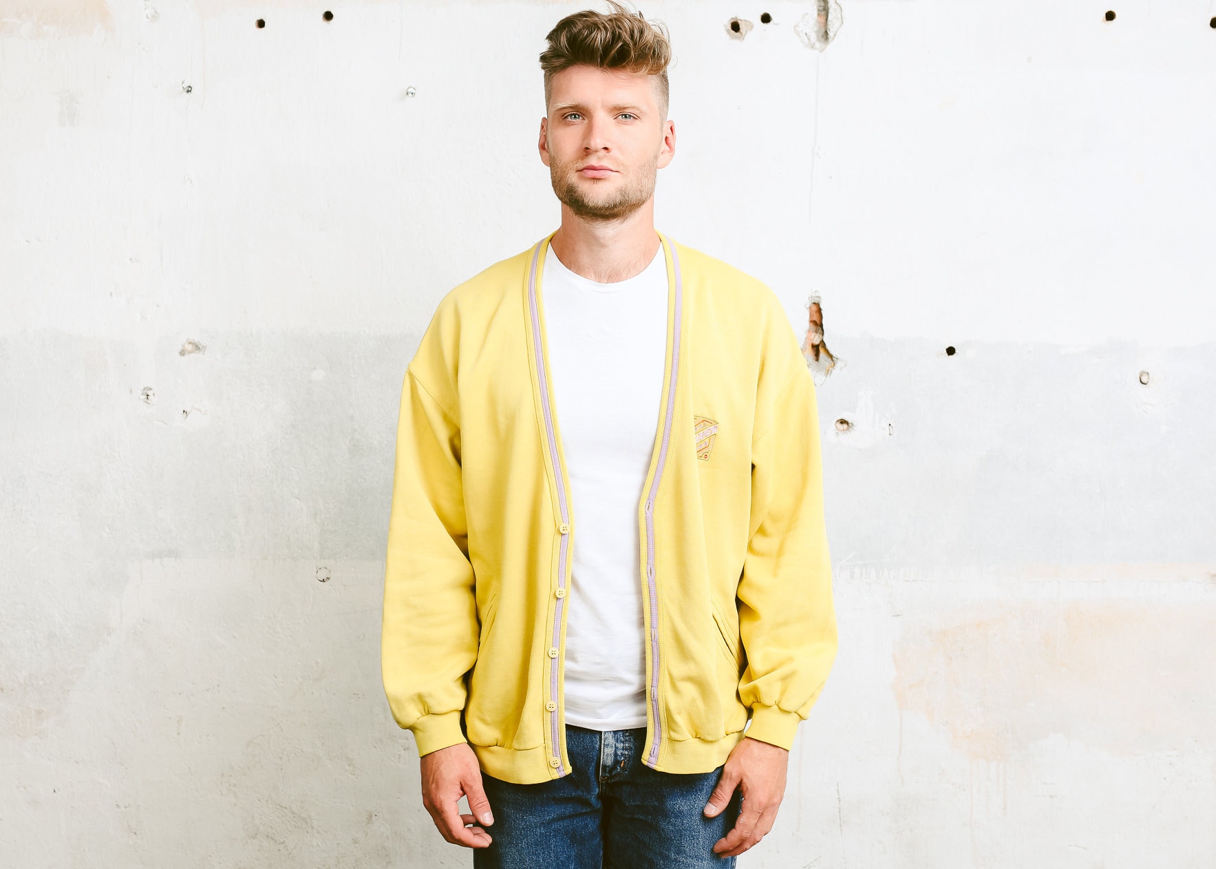 Men Cardigan Sweater . Vintage 80s Jacket Yellow Cotton Sweatshirt