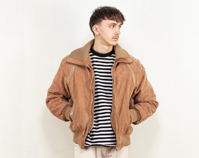 Suede Bomber Jacket 80's vintage brown suede sherpa faux shearling jacket flight aviator jacket pilot men vintage clothing size small S