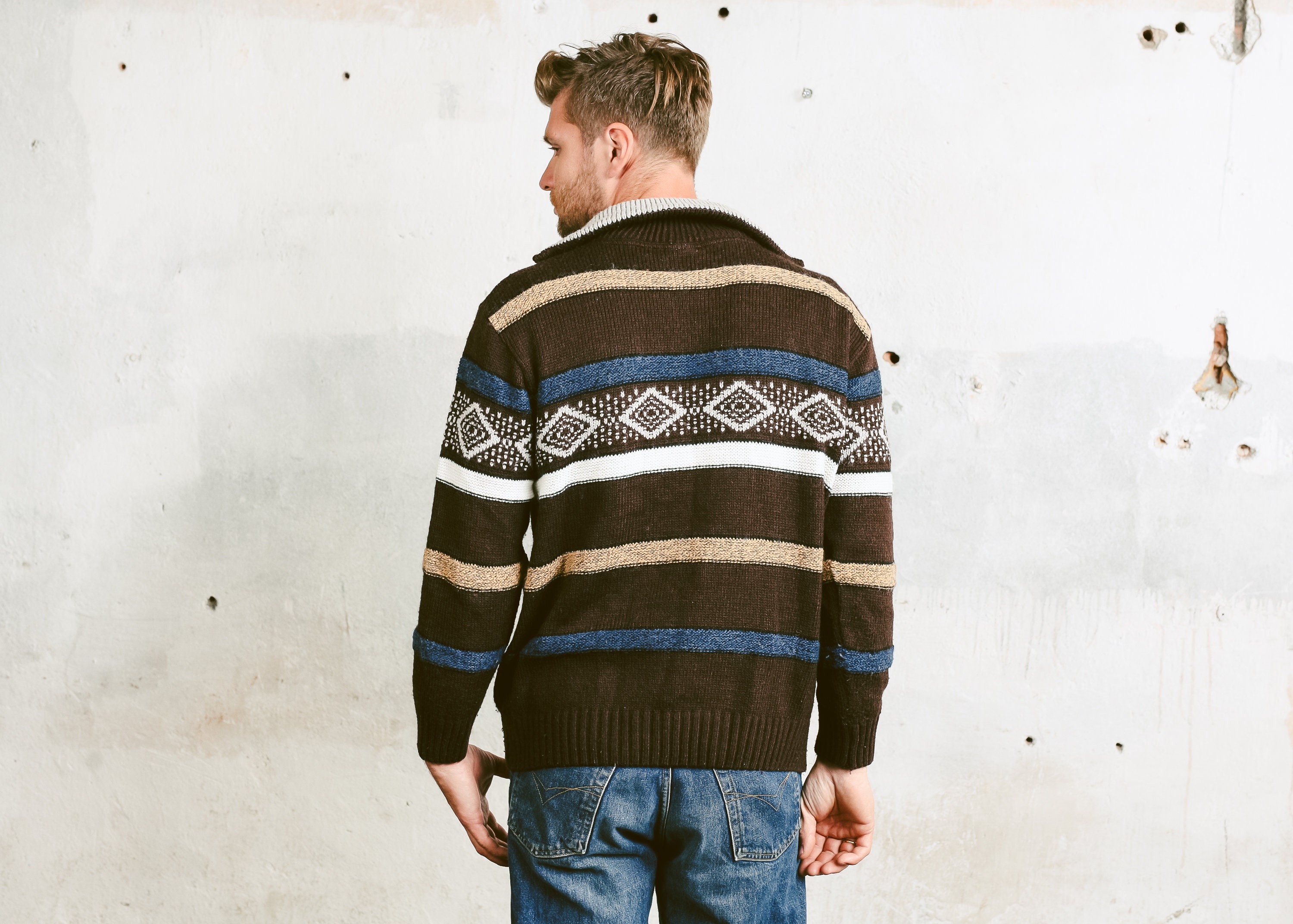 Men's Patterned Zip Neck Sweater . Vintage Geometric Sweater Knitted