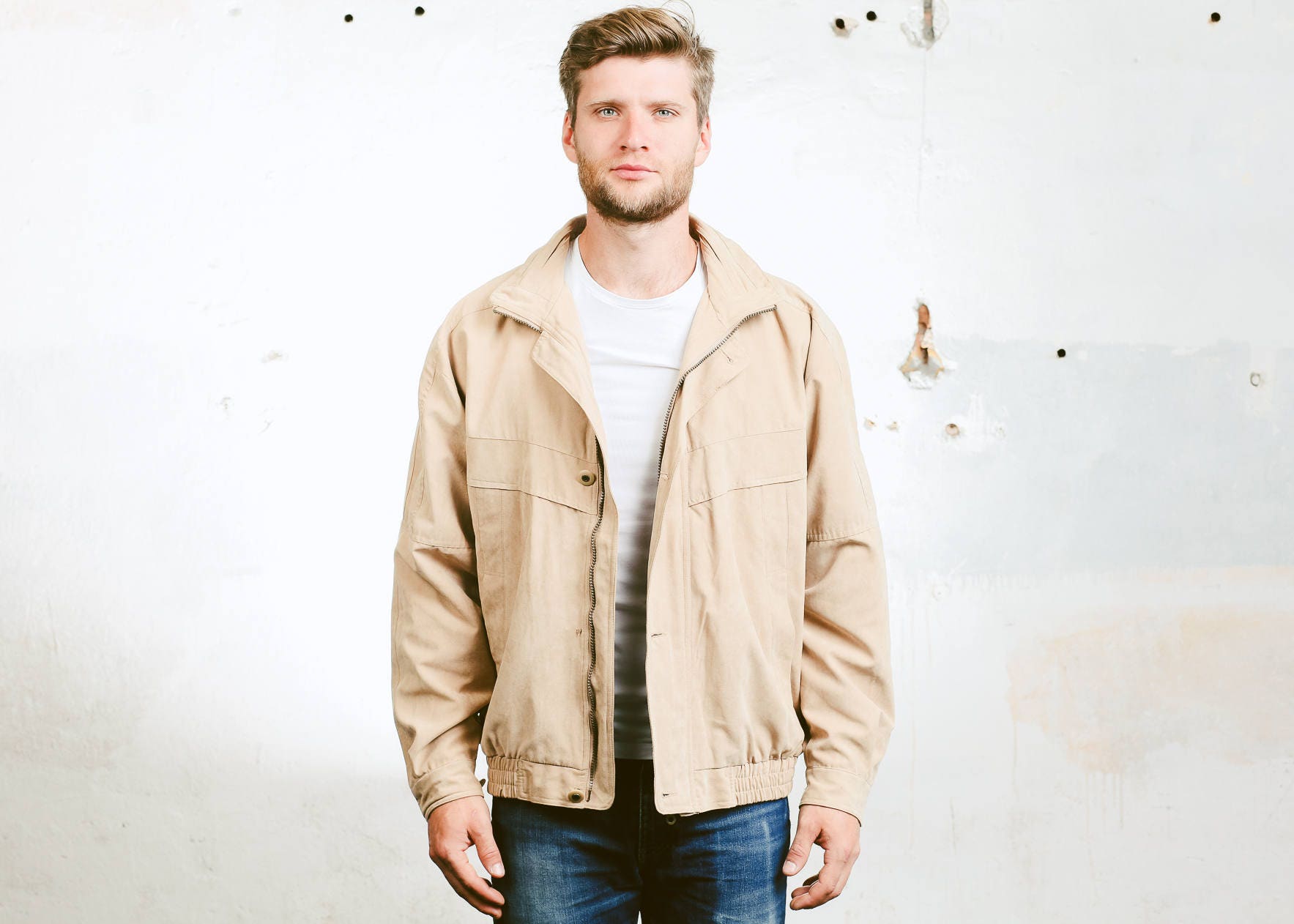 Men Faux Suede BOMBER Jacket . Vintage Beige Jacket 90s Zip Up Flight ...