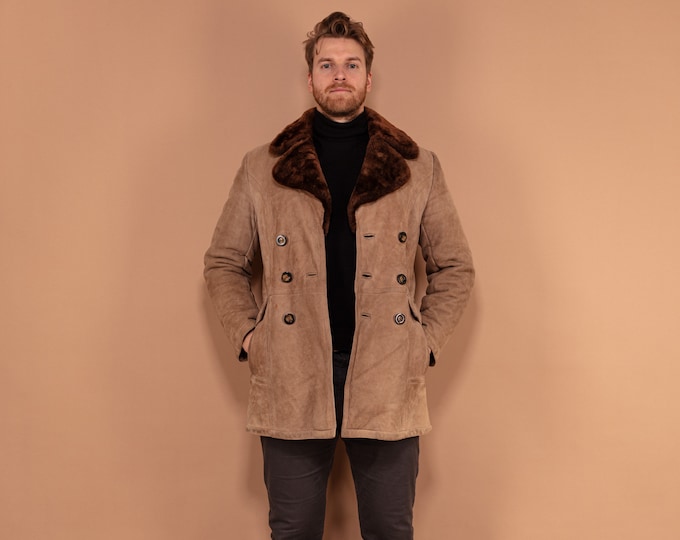 Beige Sheepskin Coat 70's, Size Small, Vintage Men Shearling Suede Coat, Collared Winter Coat, Vintage 70s Clothing, Retro Menswear