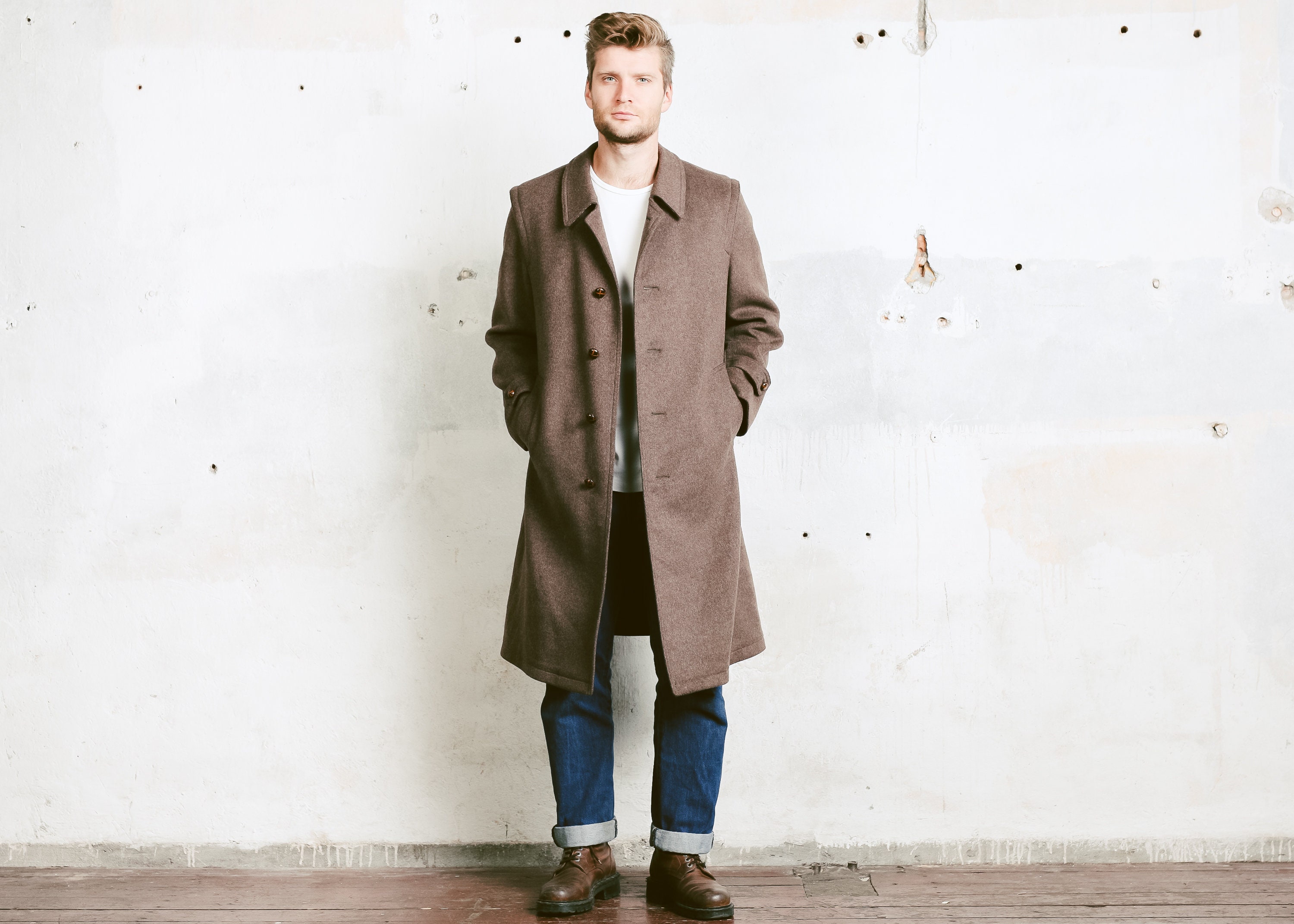 Men Winter Coat . Vintage 70s Wool Overcoat Brown Topcoat Mens Winter ...