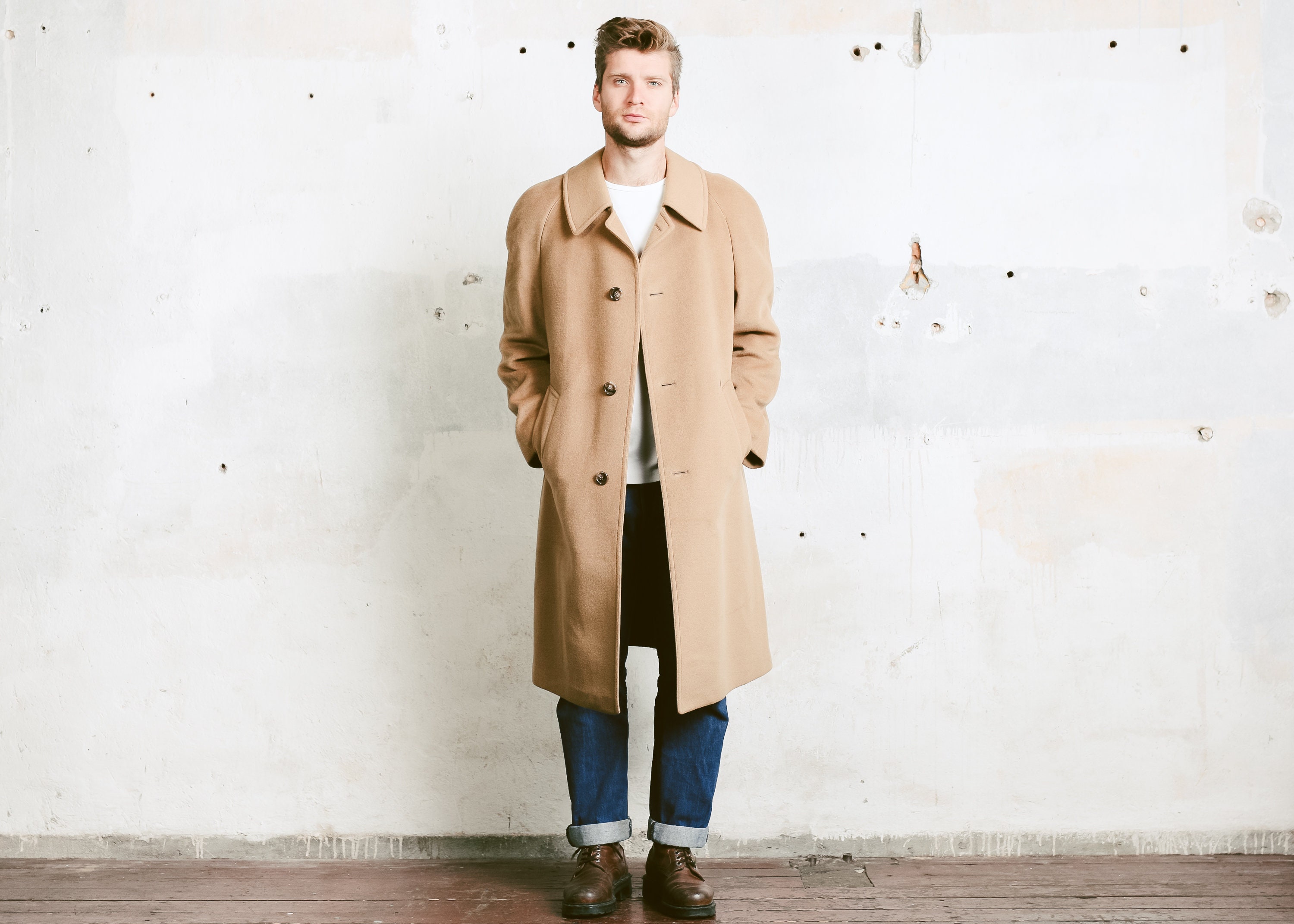 Mens Beige Wool Coat . Vintage 70s Camelhair Overcoat Camel Wool Brown ...