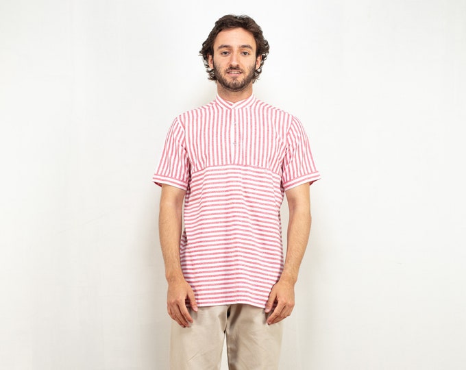 Men Collarless Shirt vintage short sleeve shirt red 90's classic minimalist shirt summer light striped shirt streetwear size medium m