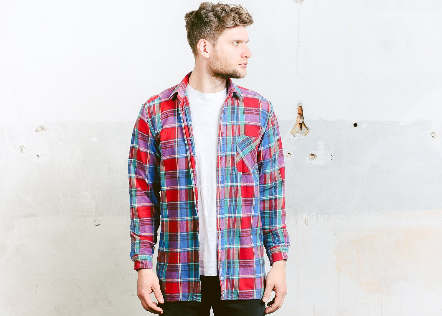 Plaid Flannel Shirt . Mens Vintage 90s Grunge Shirt Check Print Button ...