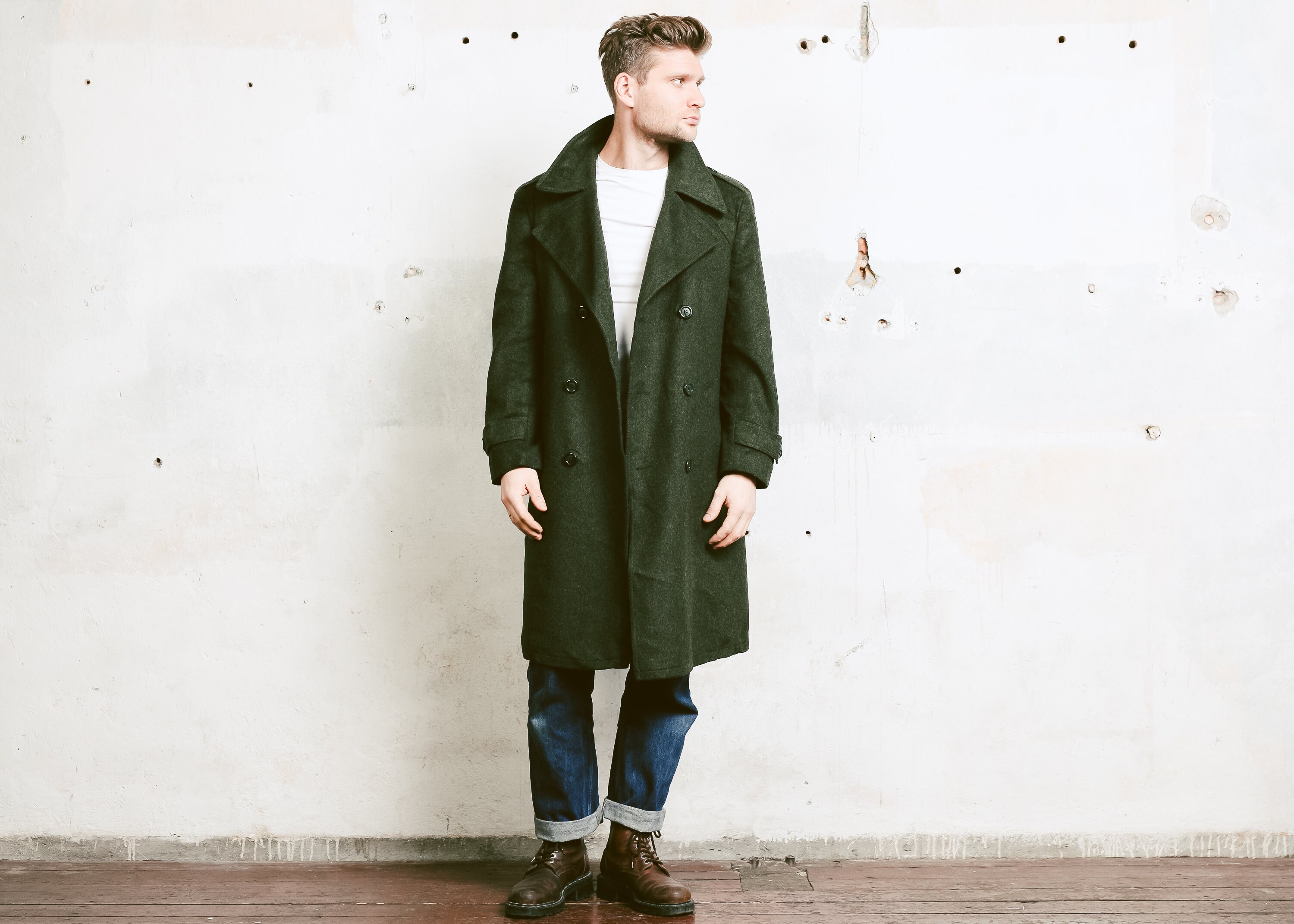 Vintage Men Wool Overcoat . Vintage 80s Long Coat Olive Green Winter ...