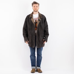 90&#39;s Vintage Black Sheepskin Coat, Size XL Sheepskin Coat, Men Shearling Coat, Retro Leather Coat, Ranch Style, Mens Clothing, BetaMenswear