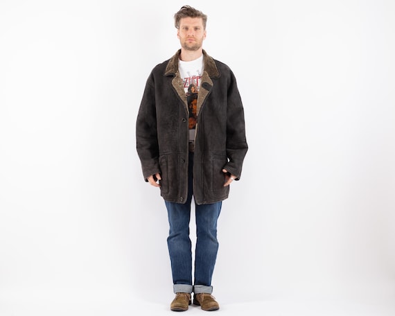 90s Vintage Black Sheepskin Shearling Coat, Retro Ranch Style