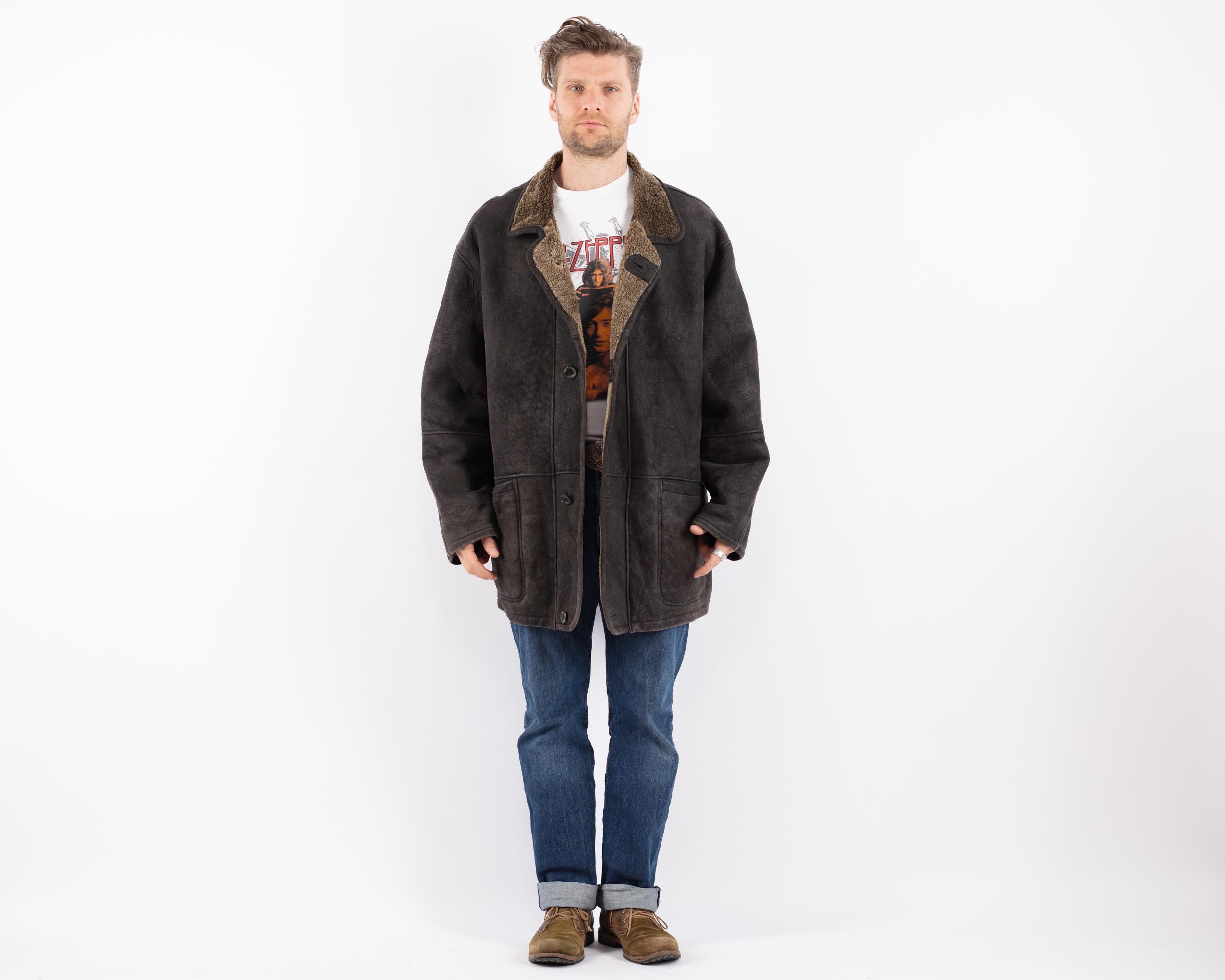 90s Vintage Black Sheepskin Shearling Coat, Retro Ranch Style