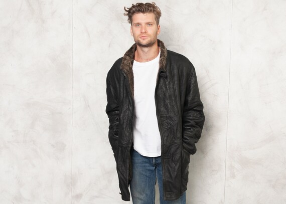 90s Black Suede Sheepskin Coat Vintage Men Warm Co