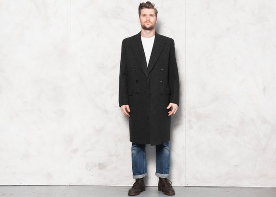Grey Wool Coat Vintage 70's Overcoat Men Mac Coat