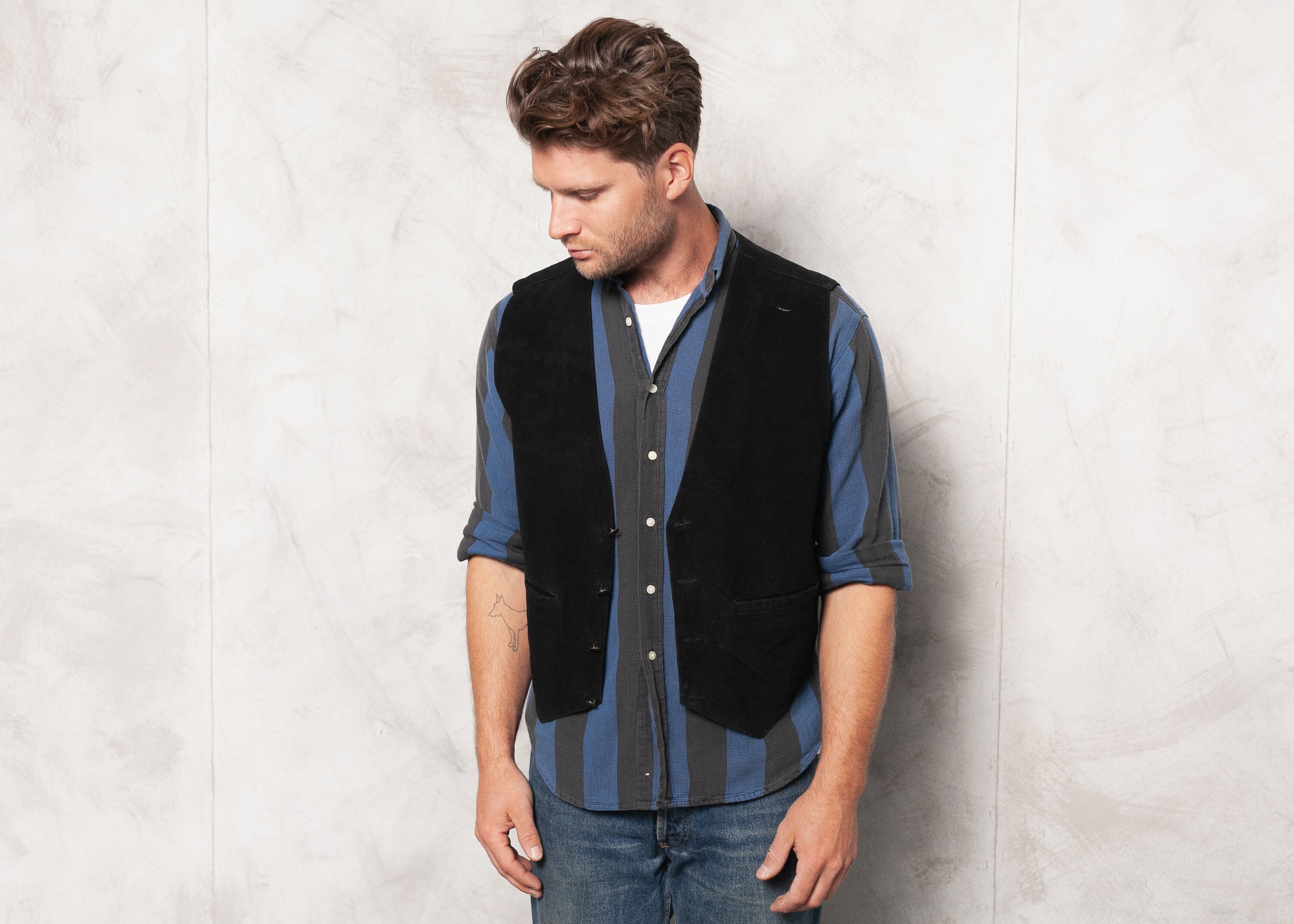 90s Black Suede Vest . Men Leather Vest Men s Waistcoat Vintage
