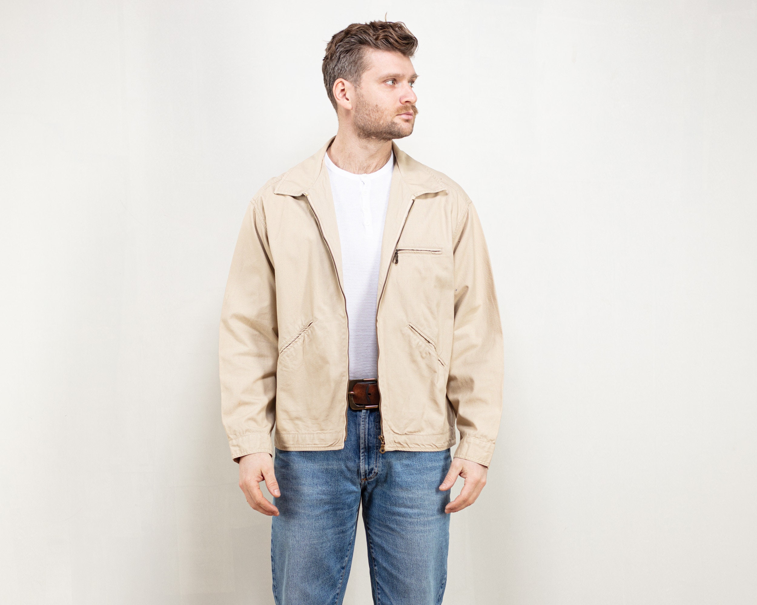 Beige Cotton Jacket vintage 90s light spring jacket jacket zip up denim ...