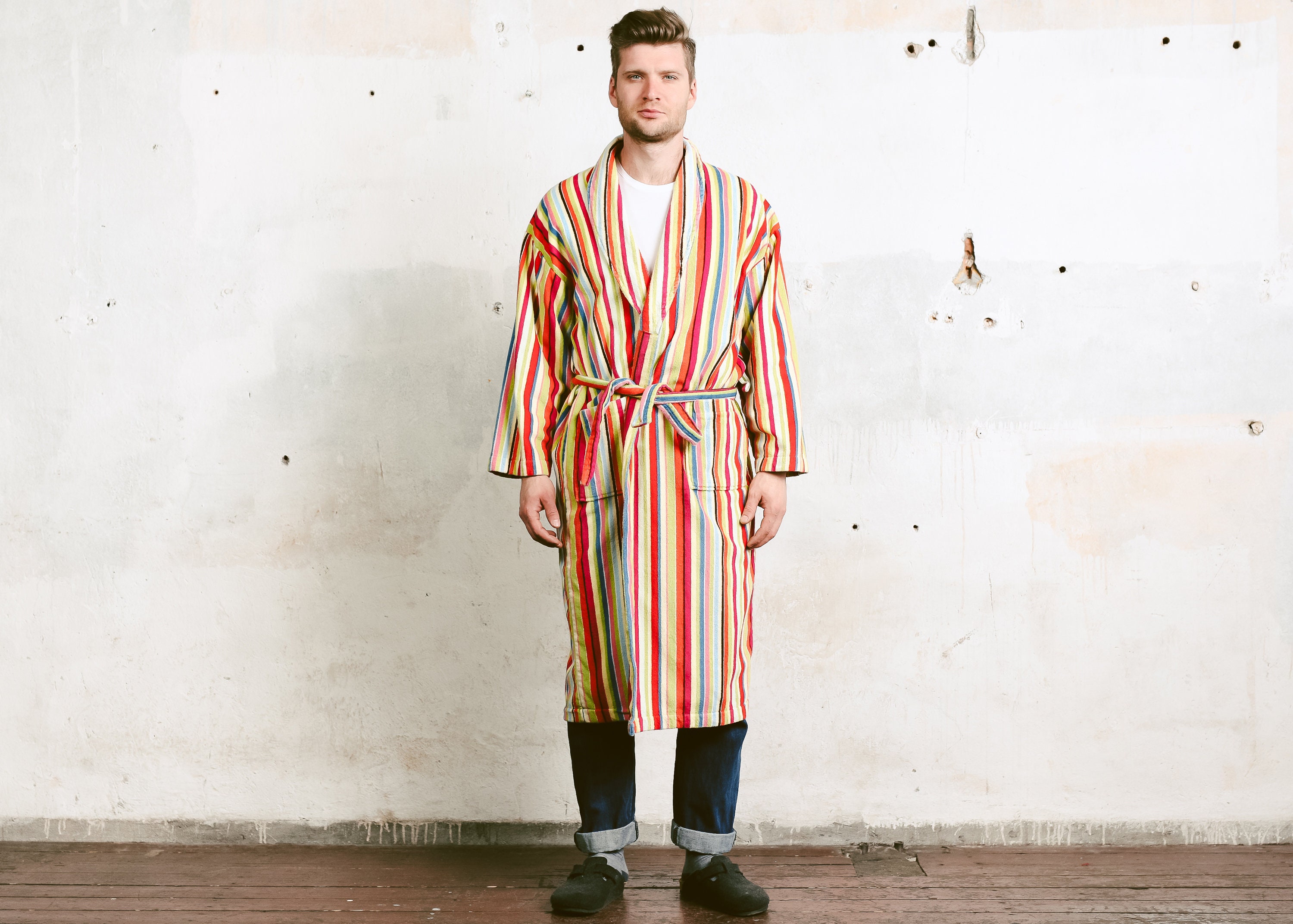 Vintage Men Bath Robe . 80s Swim Robe Velvet Terry Cloth Striped Print ...