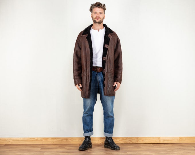 Men Sheepskin Coat vintage 80's brown shearling outerwear casual boho western sustainable clothing fashion oversized overcoat size large