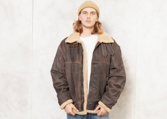 Aviator Leather Jacket Vintage 90s Sherpa Flight J