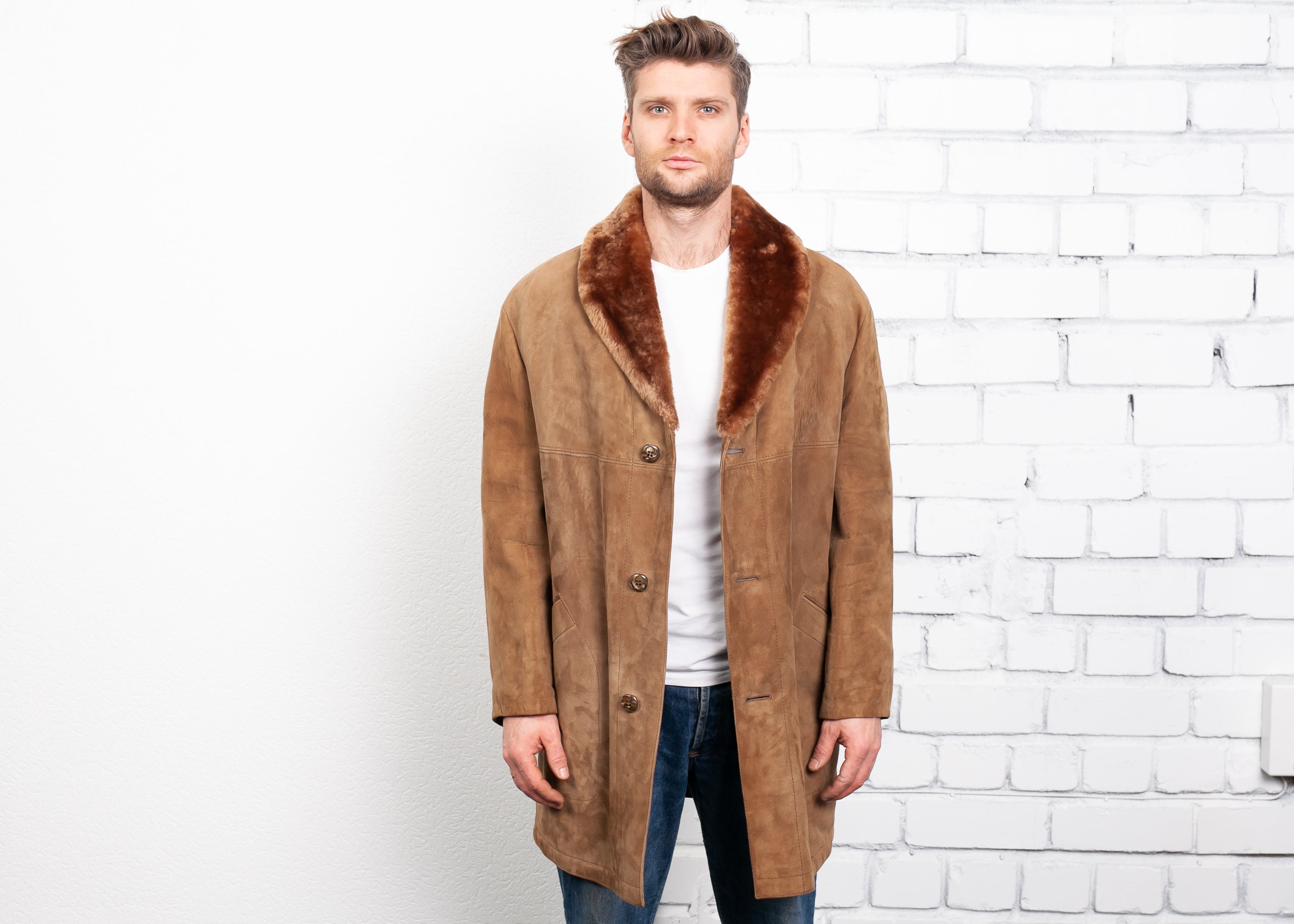 70s Faux Suede Coat Men's Vintage Sherpa Coat Jacket Brown Winter Coat ...