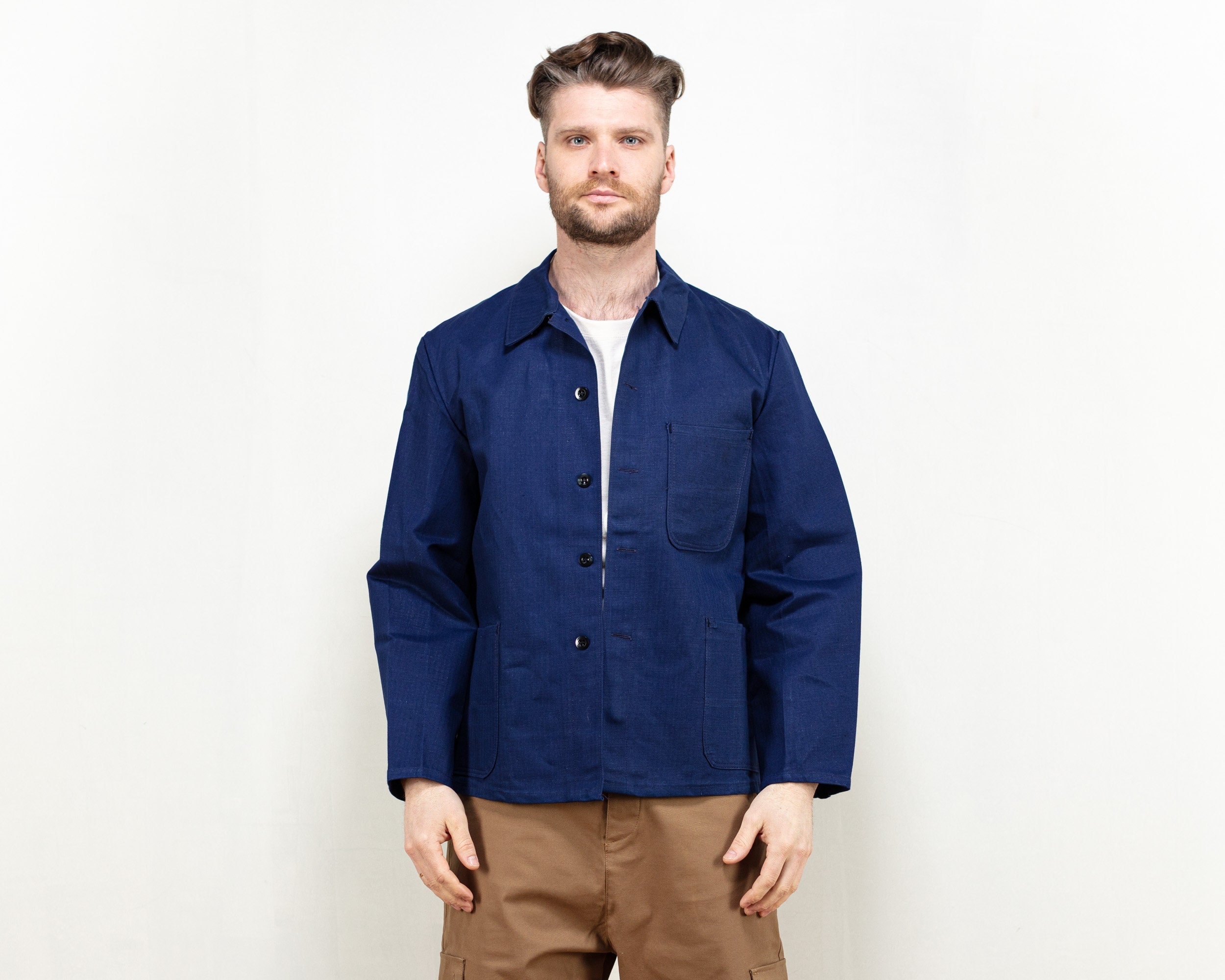 Vintage 80's Blue Chore Jacket cotton work jacket men workwear painter ...