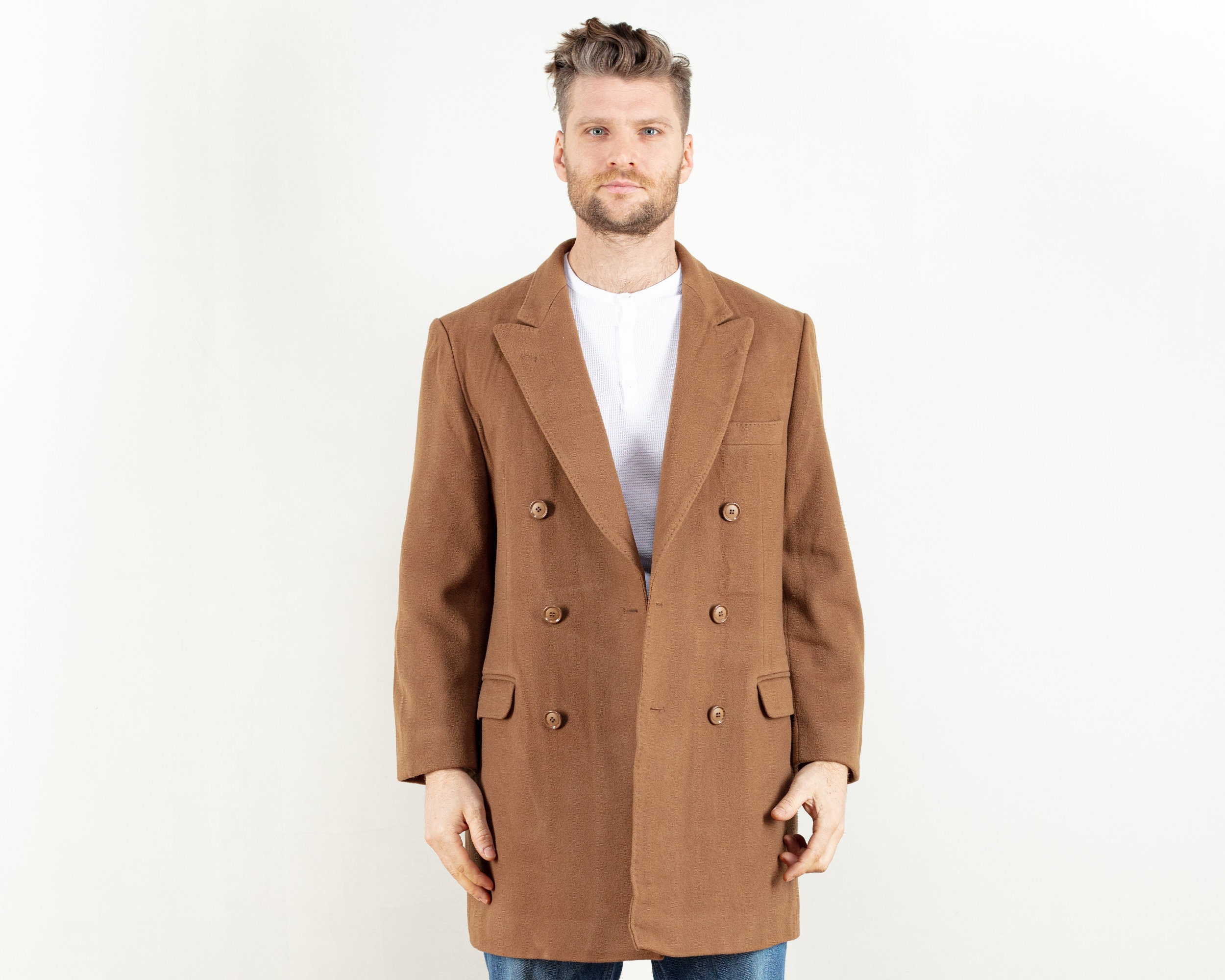 Casual Brown Wool Coat Short Vintage 80s Classic Men Sherpa
