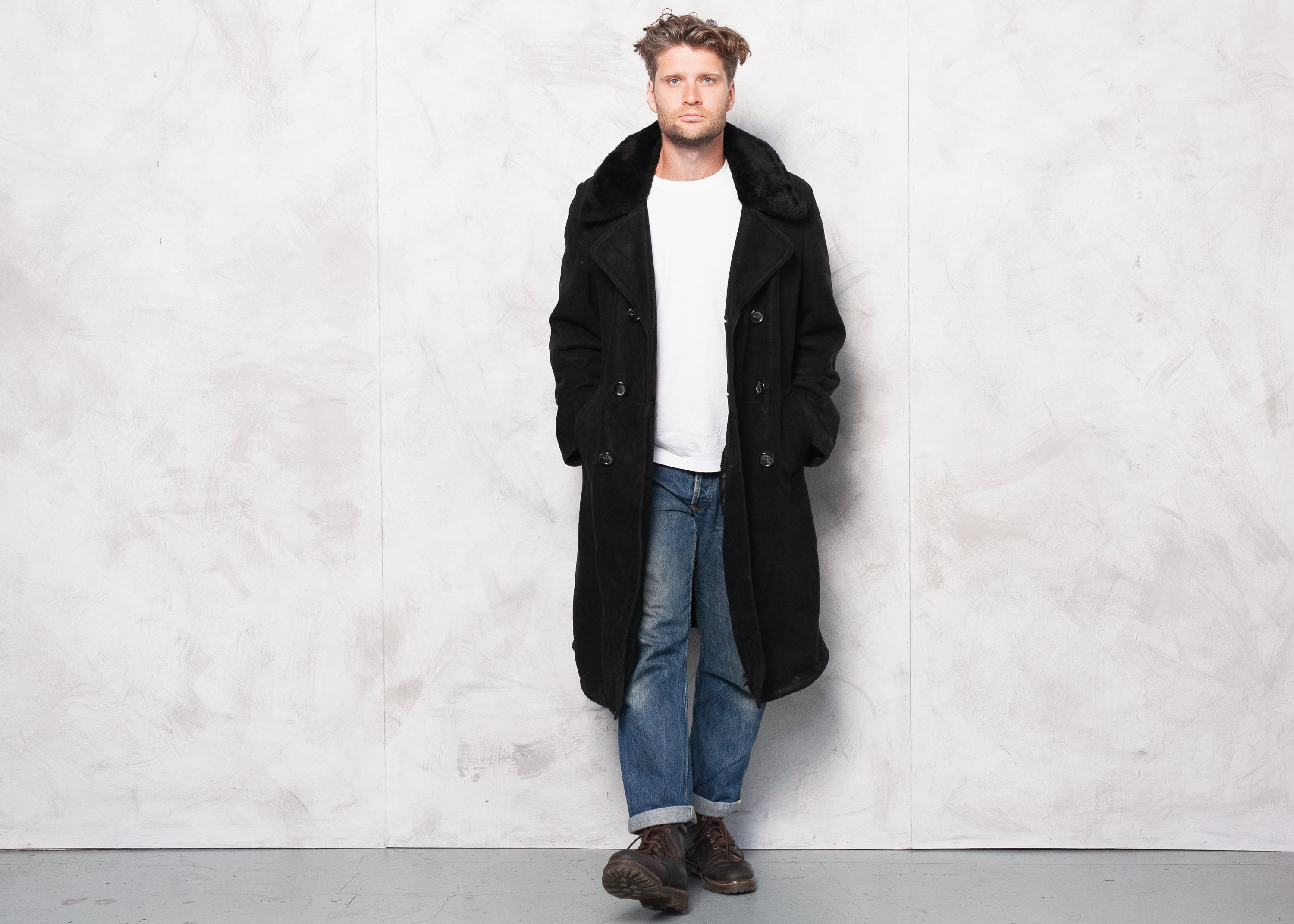 Vintage 70s Sheepskin Coat . Men's Black Shearling Coat Sheep Fur Coat ...