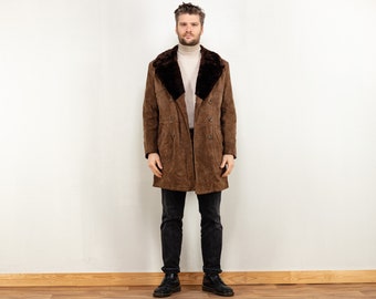 Men Suede Sherpa Coat vintage 70's brown suede leather faux shearling lined coat shearl collar coat classic men overcoat size medium M