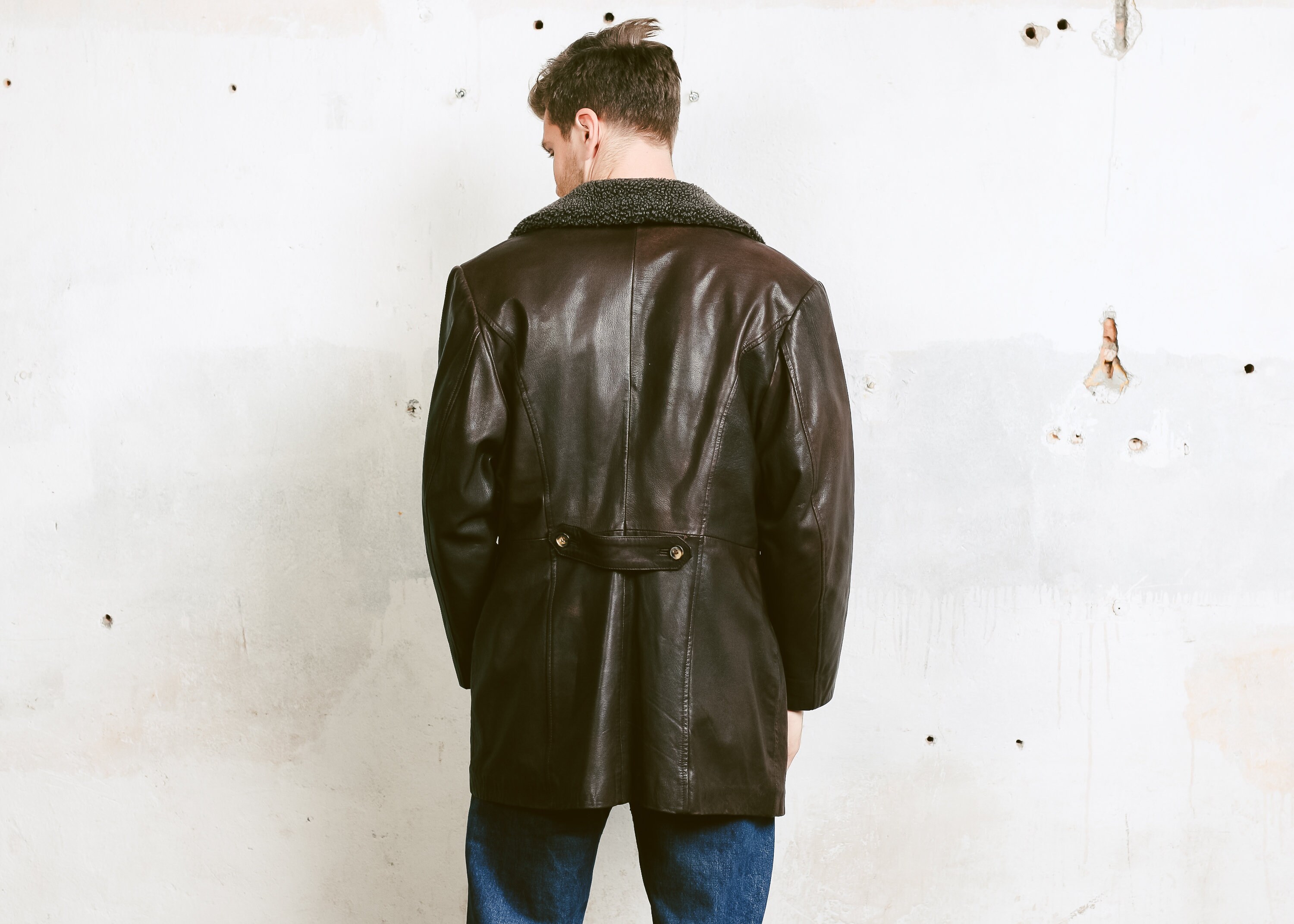 men's leather jacket with sherpa collar