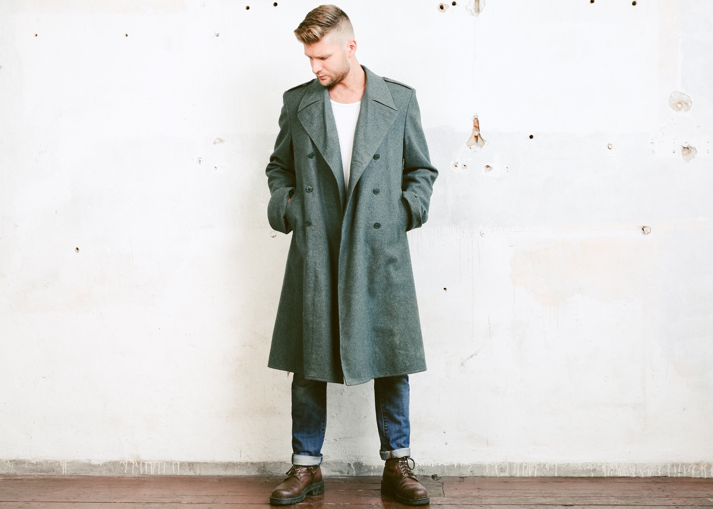 Green Military Greatcoat . 70s Winter Overcoat Army Coat Jacket Men ...