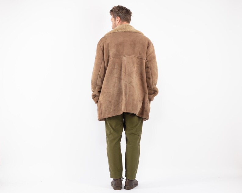70's Beige Men Sheepskin Coat, Size L Vintage Classic Shearling Coat