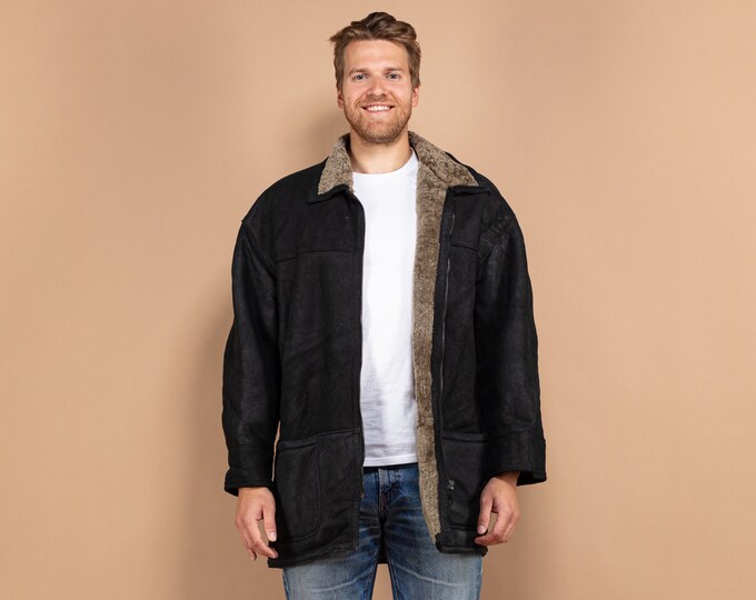 Vintage Sheepskin Coat Black, Size XL, Classic Boho Style Suede Coat, Vintage Men Shearling Coat, Warm Wool Coat, Timeless Winterwear,