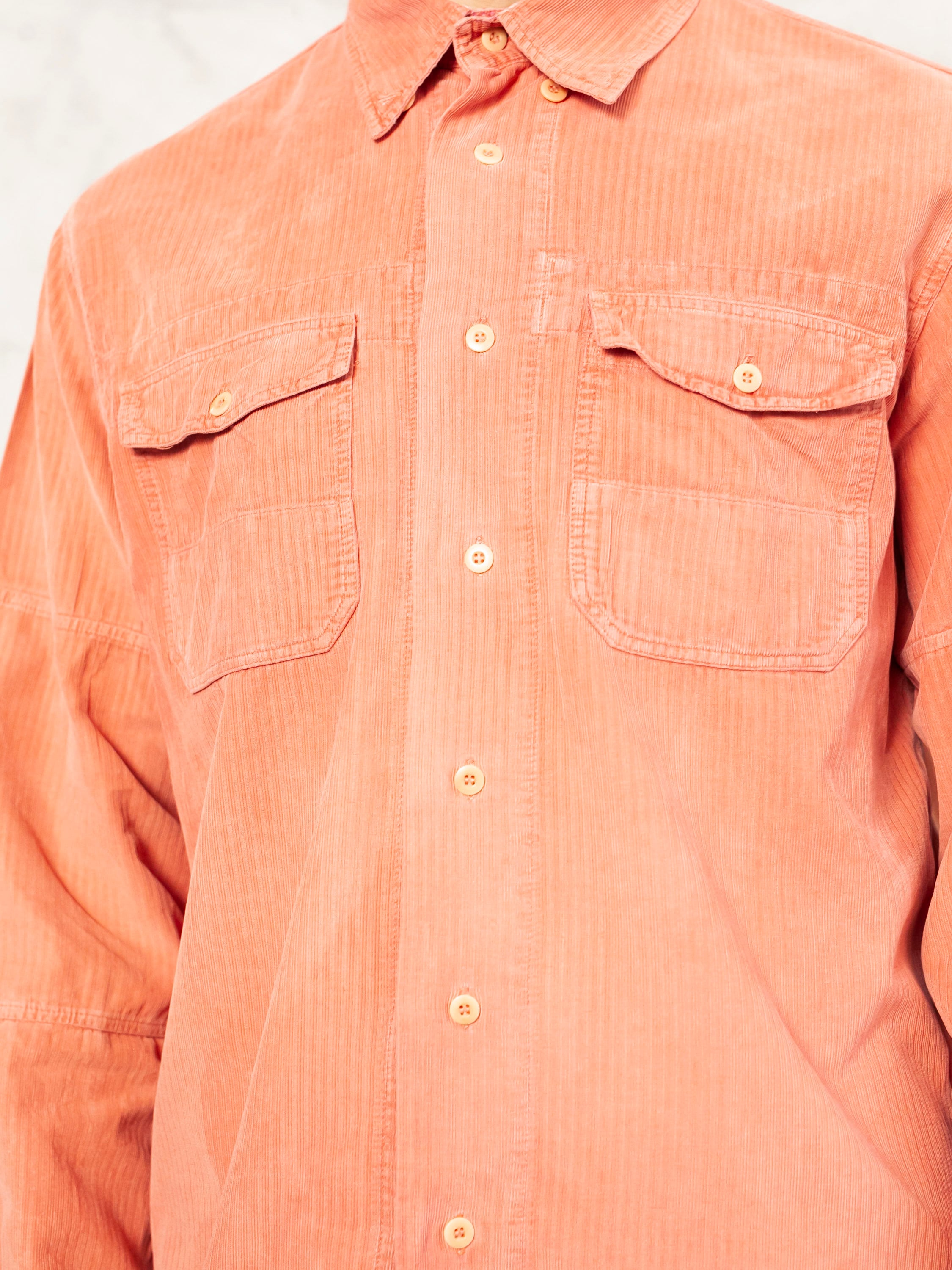 Vintage Corduroy Shirt peach pink men 90s button down long sleeve cord