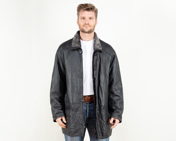 90's Black Sheepskin Coat men vintage 
