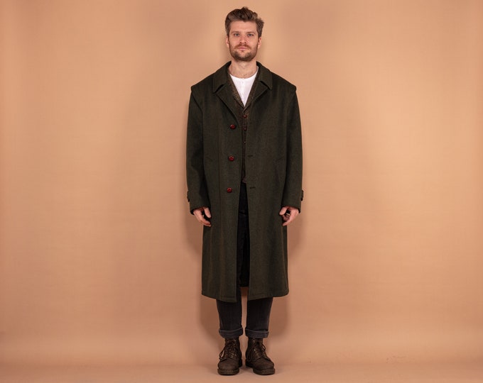 Men Green Wool Topcoat 70's, Size XL, Vintage Cacharel Loden Wool Coat, Unlined Overcoat, Mens Long Coat, Retro Outerwear, Oversized Coat