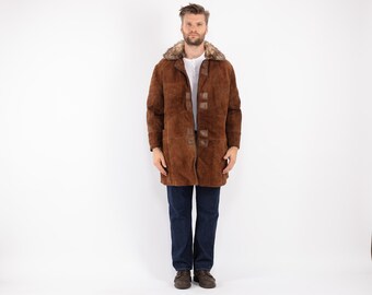 70s Vintage Sheepskin Shearling Coat, Brown Overcoat, Men's Size M