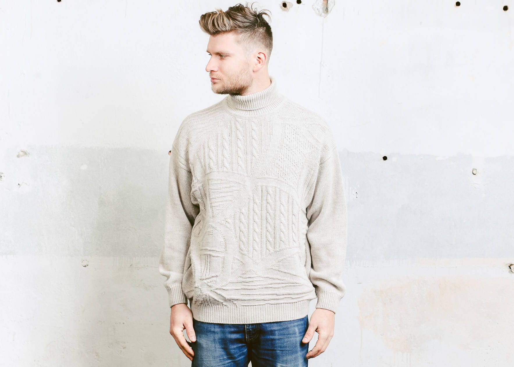 Men's Beige Turtleneck Sweater . Fishermen Sweater Vintage Chunky Knit ...