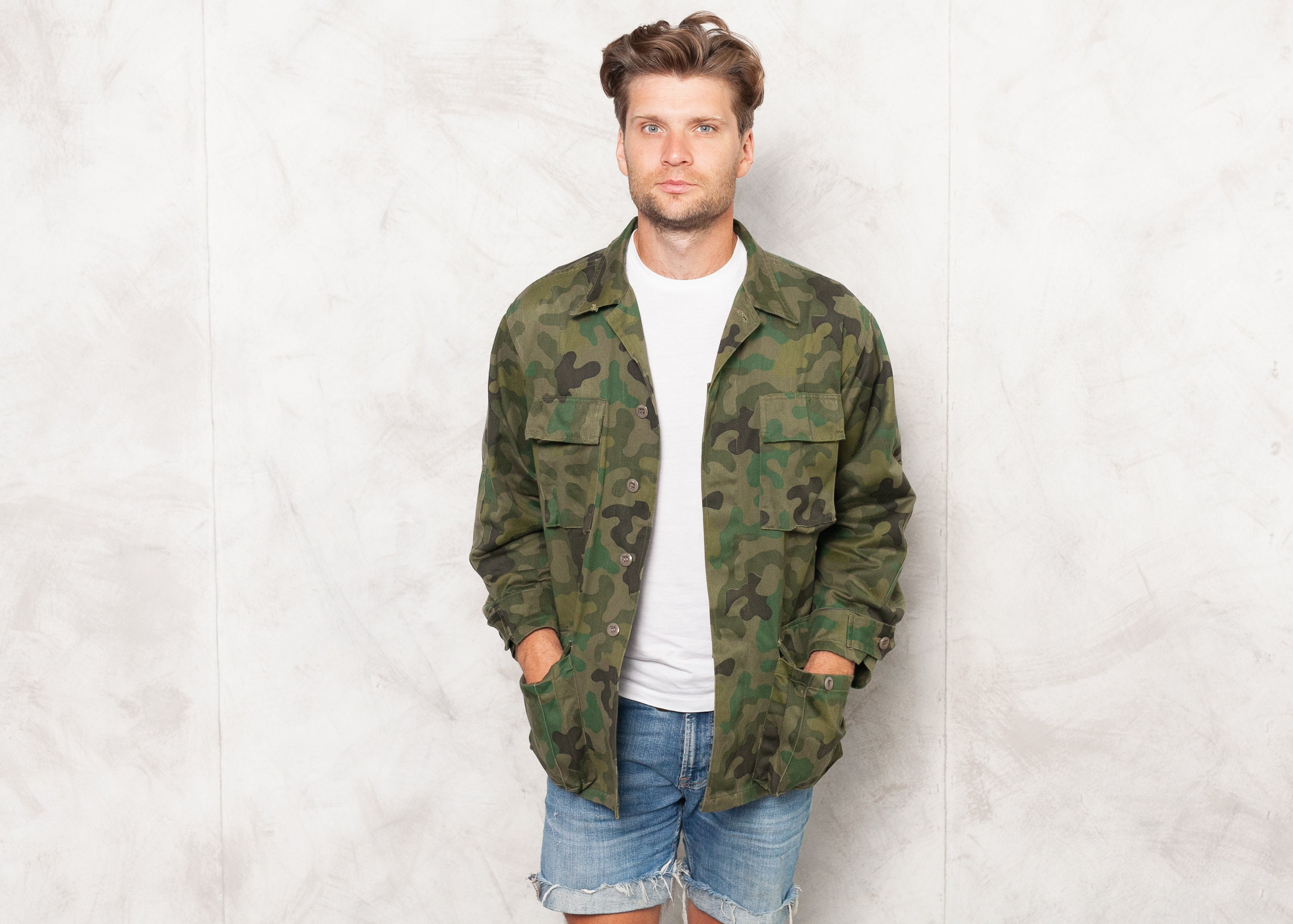 Vintage Camouflage Army Jacket . Men 70s Combat Jacket Army Surplus Field Jacket Camo Clothing