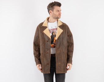 90s Vintage Brown Sheepskin Coat, Retro Western Style, Men's Size L