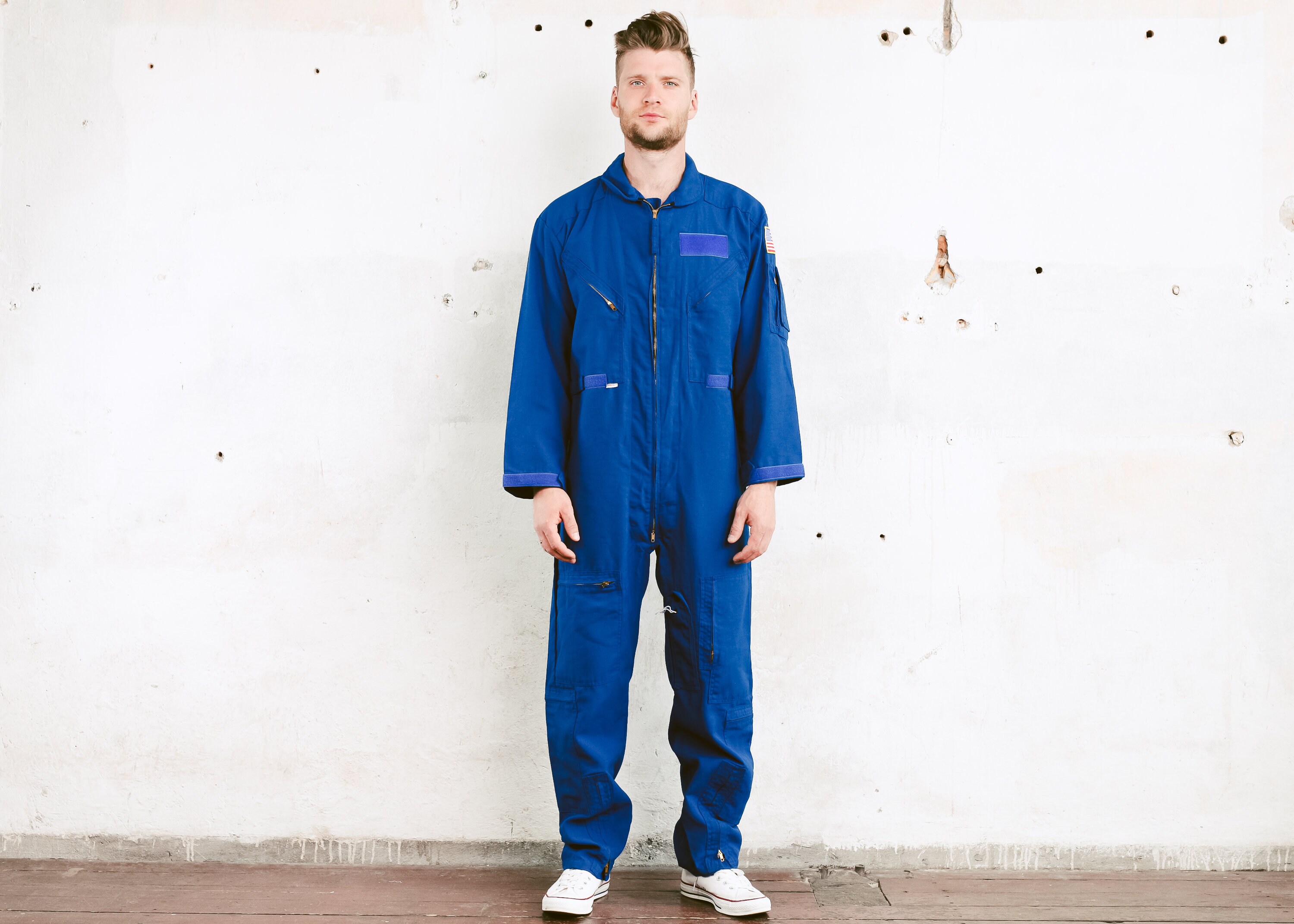 Vintage Blue USA Army Work Jumpsuit . Men Overalls Blue 1990s Garage