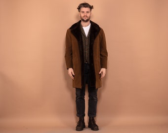 70s Faux Sheepskin Coat, Men Retro Coat L, Western Rancher Coat, Faux Shearling Coat, Retro Suede Coat, Brown Sherpa Coat 70's, Vegan Coat