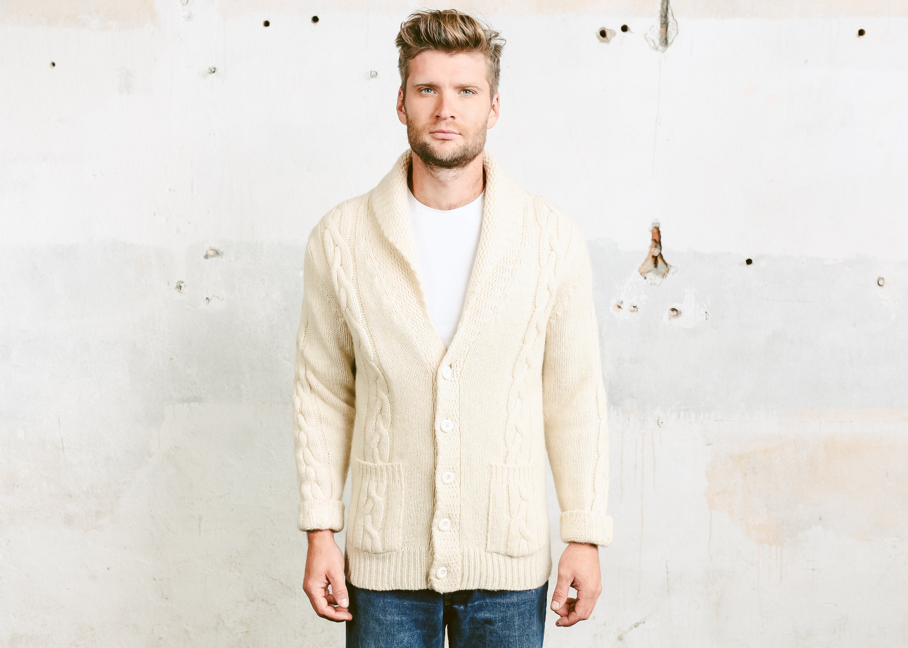 Fishermen Wool Cardigan . Vintage Men 1970s Aran Knit Beige Chunky ...