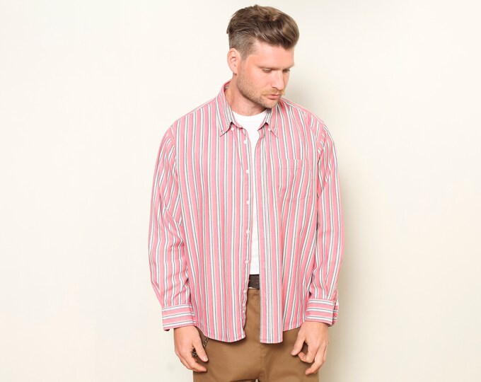 Striped Pink Shirt men vintage 90s minimalist everyday shirt long sleeve casual shirt orange retro men clothing boyfriend gift size XL