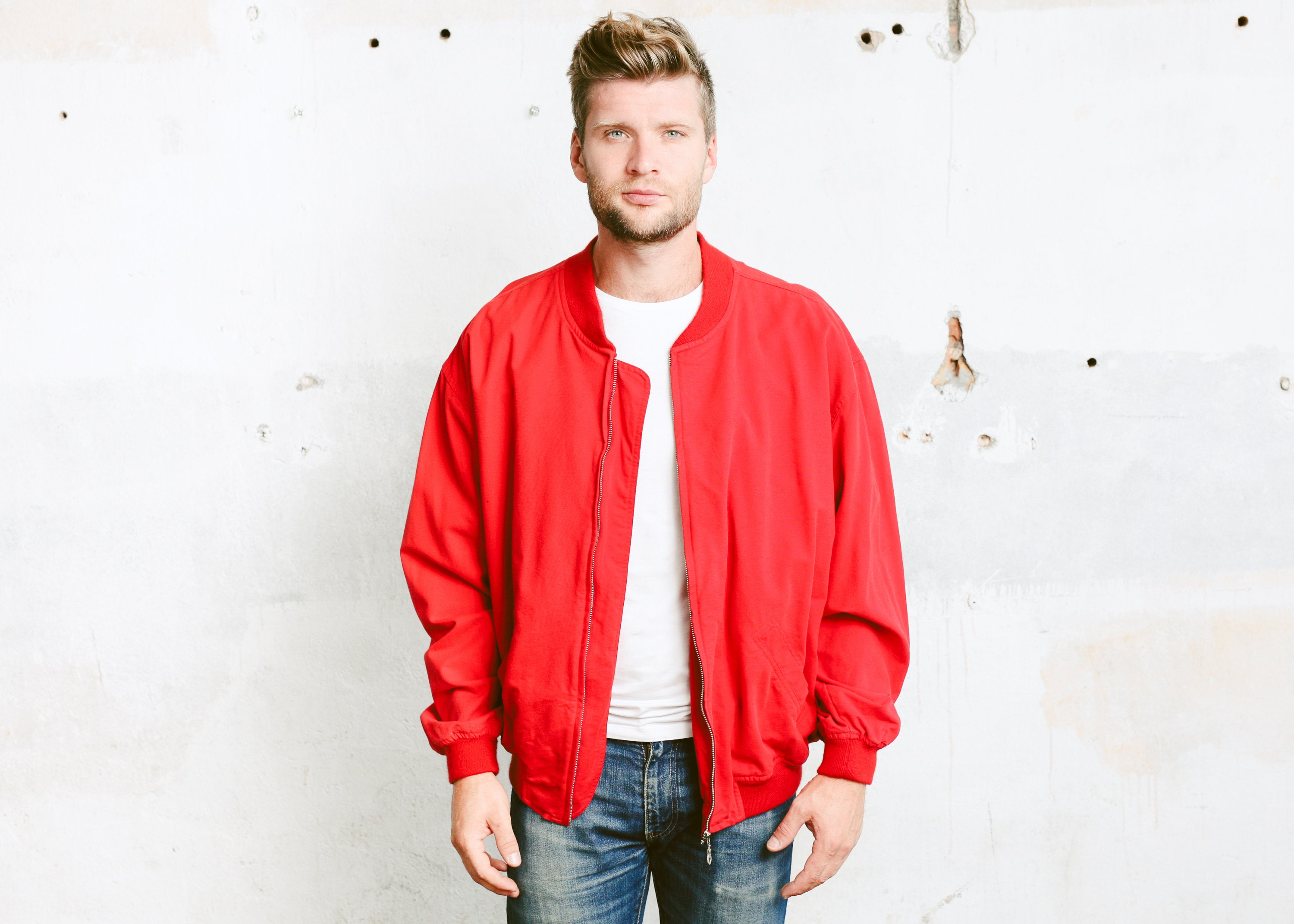 Mens Red Bomber Jacket . Vintage 90s Jacket WOLSEY Coat Flight Aviator