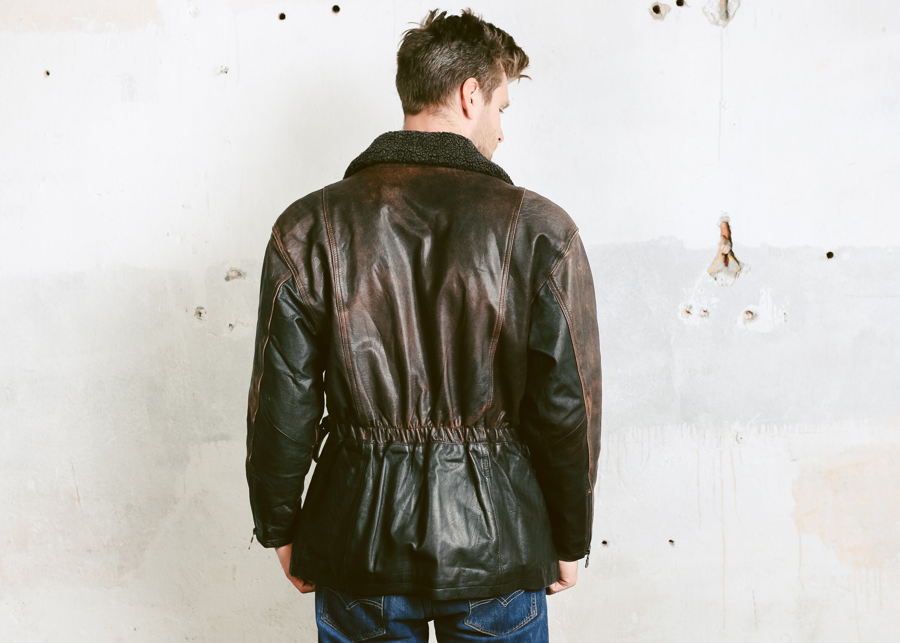 men's leather jacket with sherpa collar