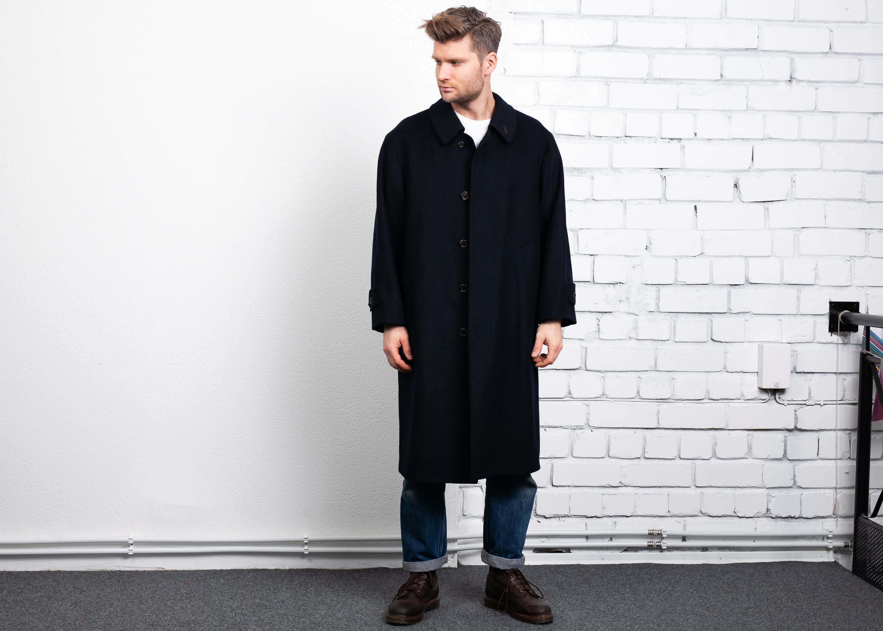 Navy Blue Wool Overcoat . Vintage Mac Coat Man Wool Coat 90s Man Winter ...