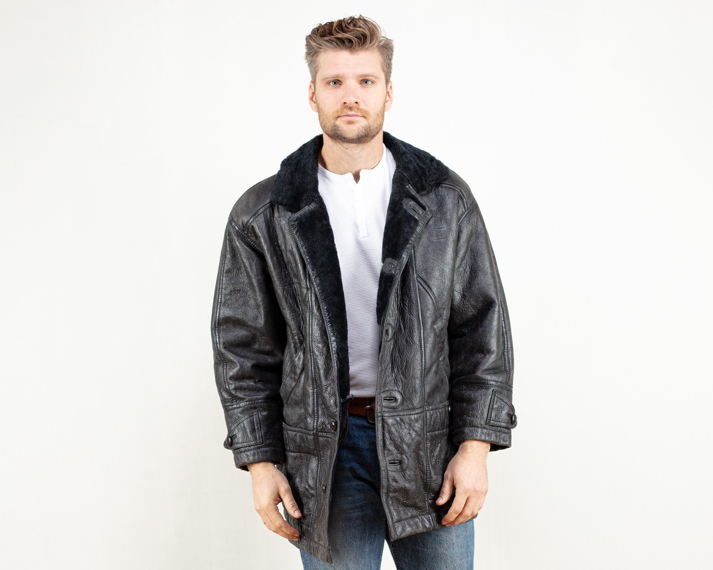 Black Werner Christ Sheepskin Coat Men Shearling Coat Black Sheep Fur Coat Mens Winter Coat Leather Coat Vintage Size Large L